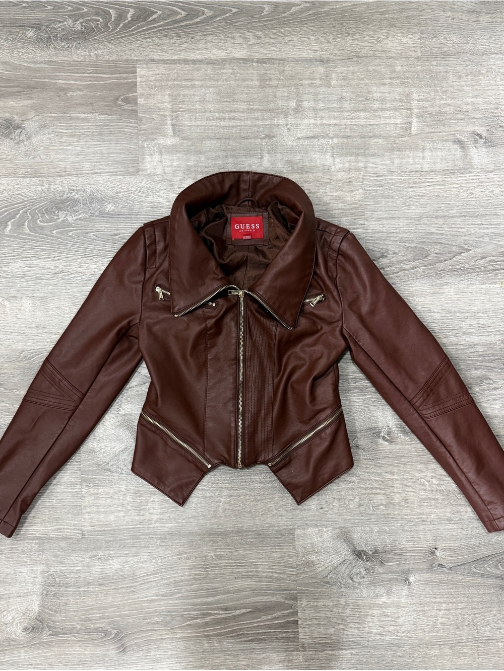 GUESS Women's Dark Brown Faux Leather Moto Jacket